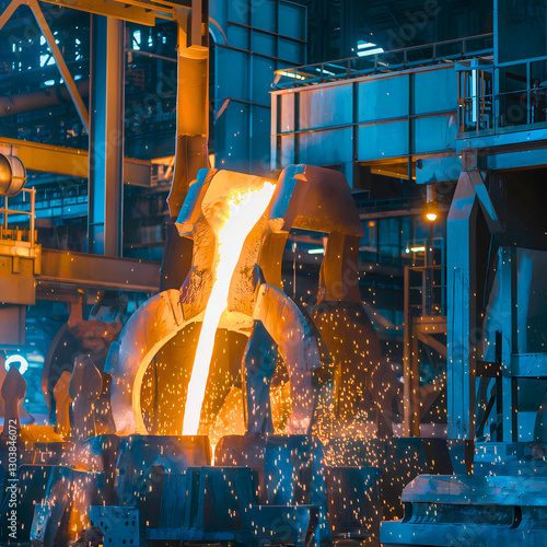Steel production plant with molten metal pouring into molds