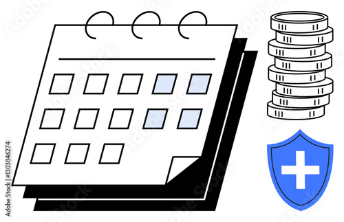 Calendar with marked dates, stacked coins symbolizing savings, and a shield with a cross representing healthcare or insurance. Ideal for budgeting, healthcare planning, savings, finance management