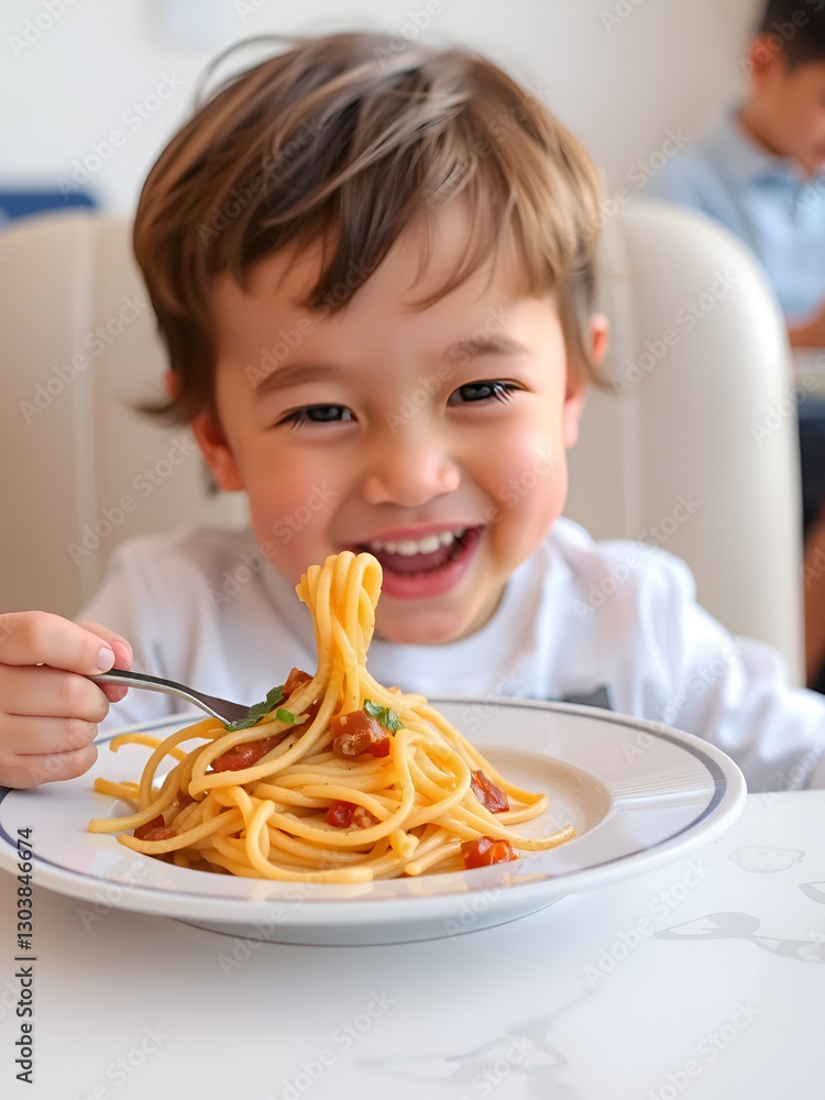 Child enjoying a plate of spaghetti, showcasing a joyful mealtime experience Child enjoying a plate of spaghetti, showcasing a joyful mealtime experience