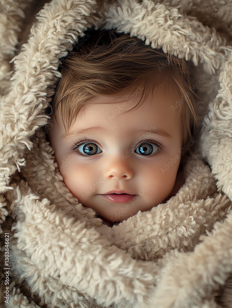 Adorable baby wrapped in soft blanket with captivating big eyes and sweet expression. Adorable baby wrapped in soft blanket with captivating big eyes and sweet expression.