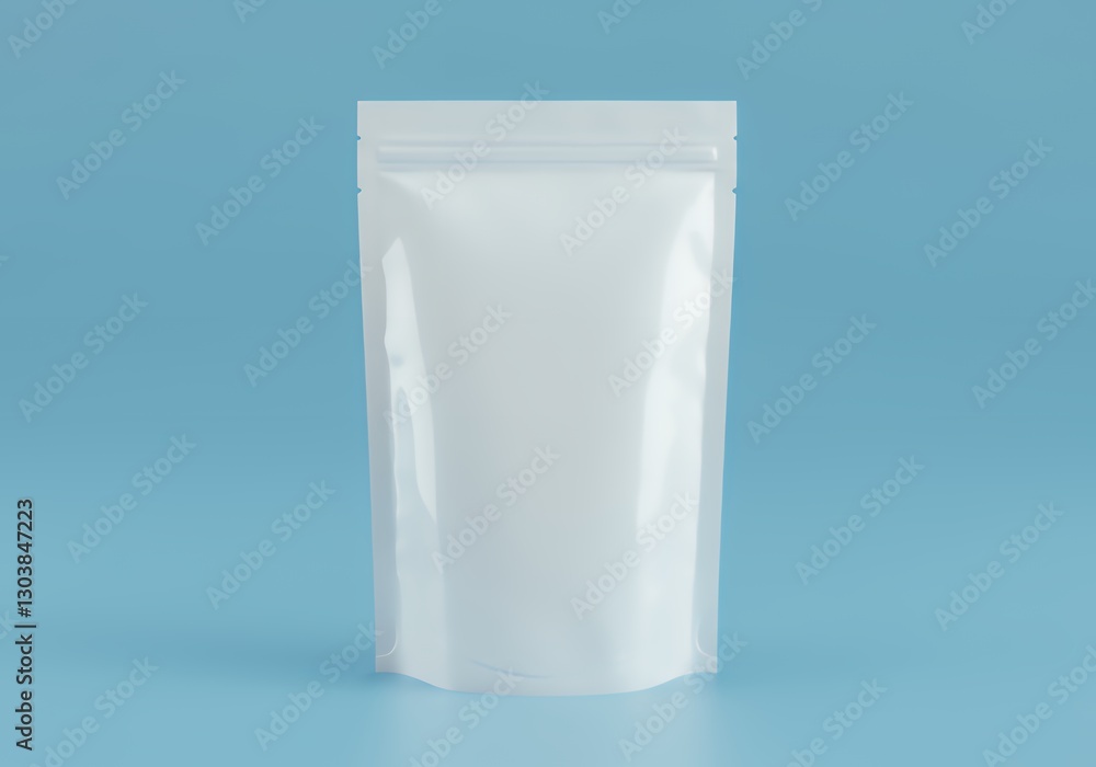 Blank White Stand Up Pouch Packaging Mockup on Blue Background Blank White Stand Up Pouch Packaging Mockup on Blue Background