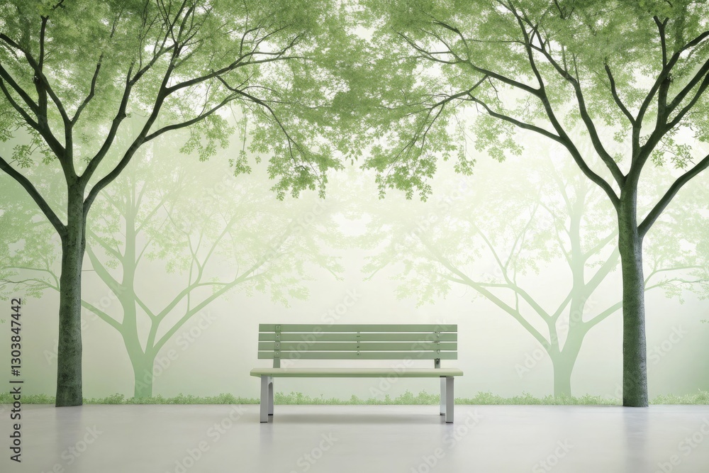 A clean, minimalist digital scene of an eco-friendly park bench under a stylized tree canopy rendered in abstract, soft green tones A clean, minimalist digital scene of an eco-friendly park bench under a stylized tree canopy rendered in abstract, soft green tones