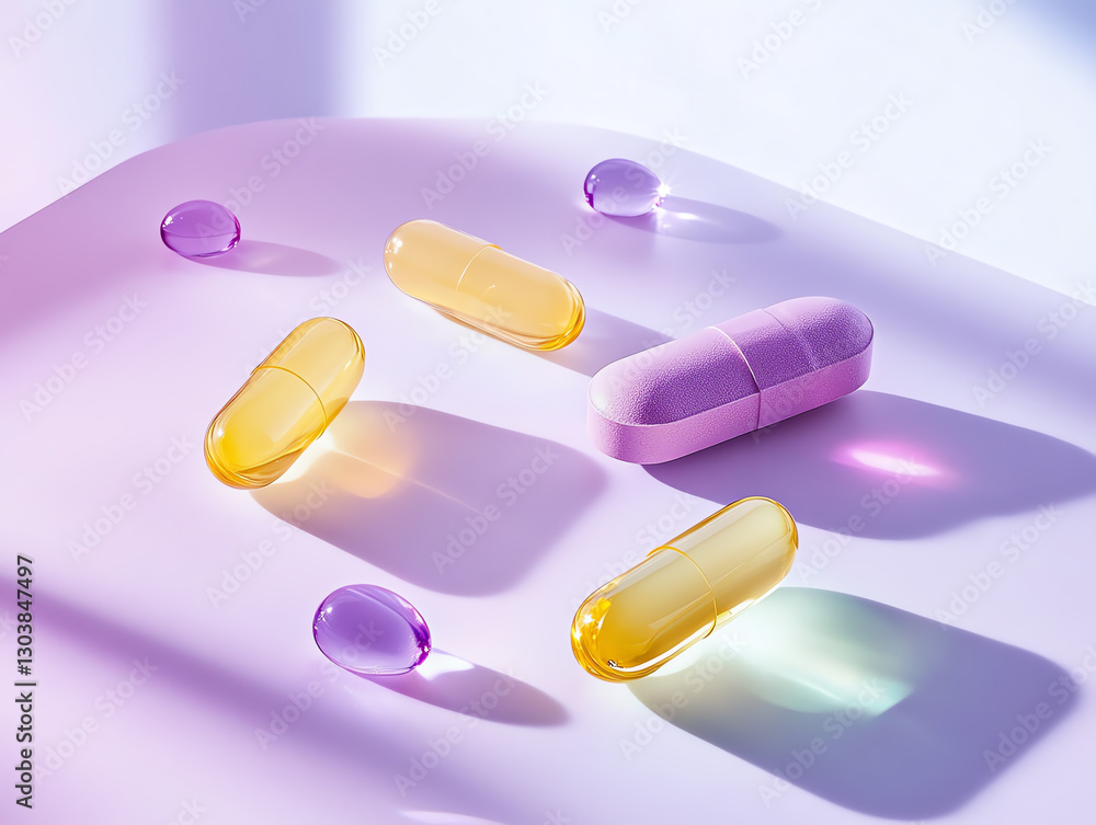 Colorful capsules and pills scattered on a soft surface with gentle lighting. Colorful capsules and pills scattered on a soft surface with gentle lighting.