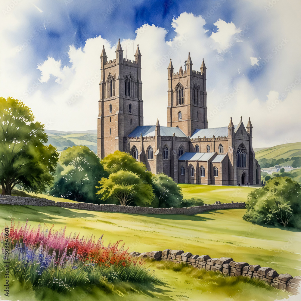 Obraz premium watercolor of Canterbury Cathedral, with its towering Gothic spires framed by vibrant flowerbeds. Visitors wander through the grounds