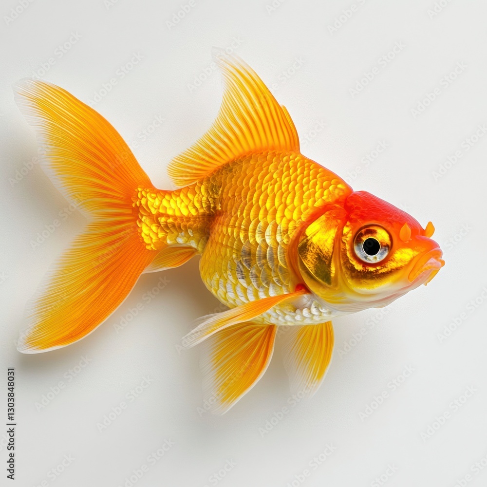 A single, detailed goldfish, on a pure white background, highlighting its shimmering scales with professional studio lighting, perfect for aquarium-related branding A single, detailed goldfish, on a pure white background, highlighting its shimmering scales with professional studio lighting, perfect for aquarium-related branding