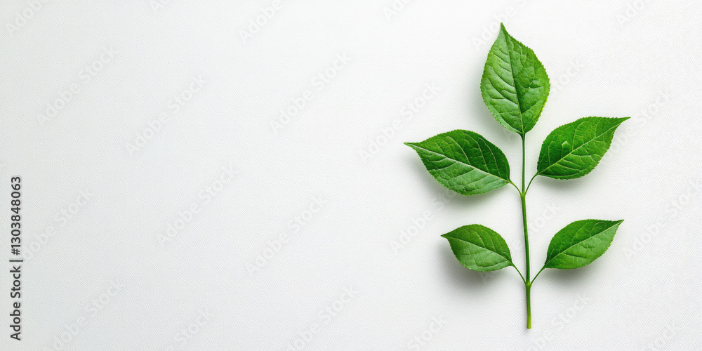 Fototapeta premium Minimalist flat lay of a fresh green leaf stem centered on a clean white background with copy space on the left. Ideal for sites/blogs on ecology, organic products, health, natural beauty