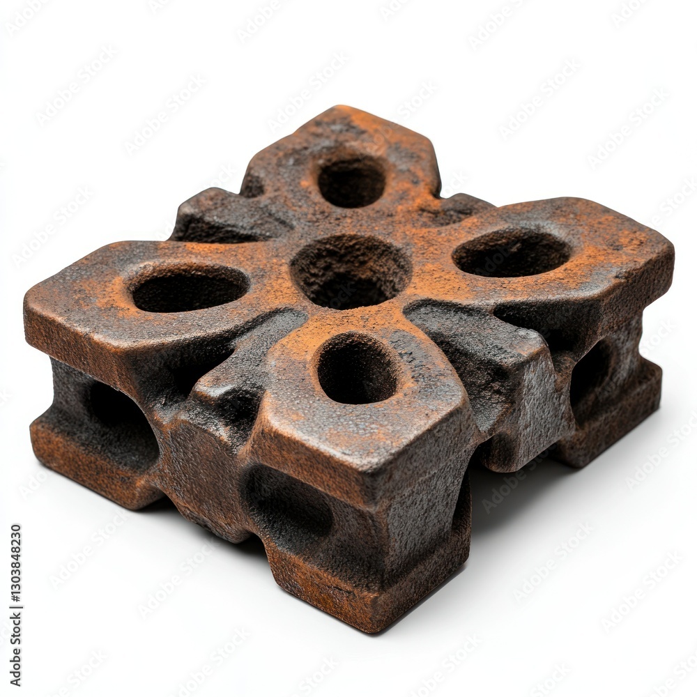 A single, detailed iron mold core, on a pure white background, highlighting its intricate design with professional studio lighting, perfect for metal casting branding A single, detailed iron mold core, on a pure white background, highlighting its intricate design with professional studio lighting, perfect for metal casting branding
