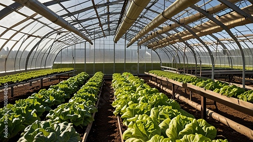 Large greenhouse with a curved, transparent roof made of plastic sheeting supported by wooden beams.