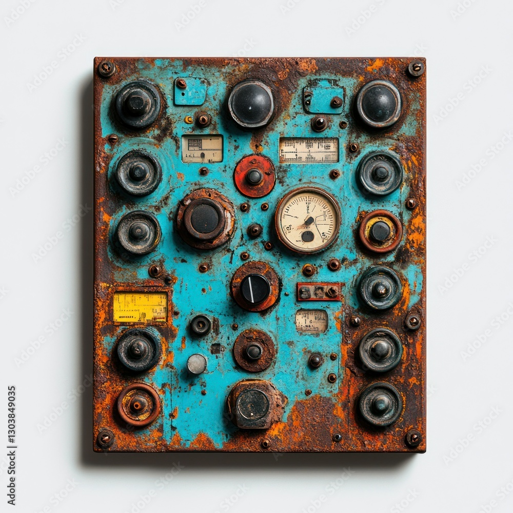 Obraz premium Close-up of a smelting plants control panel, captured with clarity against a white background, ideal for showcasing automation in iron processing, emphasizing technological advancements.