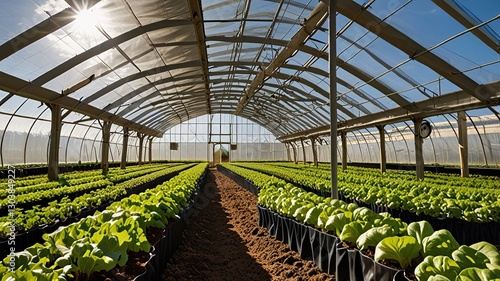 Large greenhouse with a curved, transparent roof made of plastic sheeting supported by wooden beams.