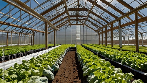 Large greenhouse with a curved, transparent roof made of plastic sheeting supported by wooden beams.