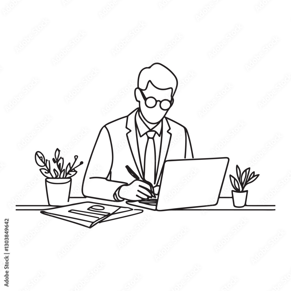 continuous one single black line art doodle drawing of Business owner writing a business plan at a desk illustration continuous one single black line art doodle drawing of Business owner writing a business plan at a desk illustration