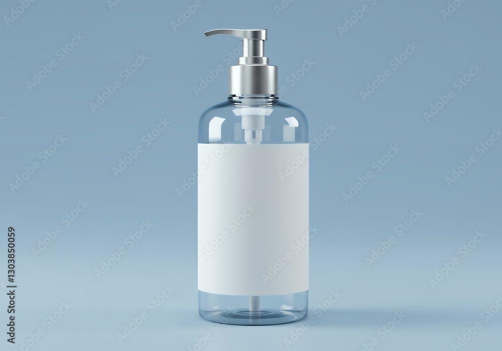 Clear Pump Bottle Mockup with Blank Label on Blue Background Clear Pump Bottle Mockup with Blank Label on Blue Background
