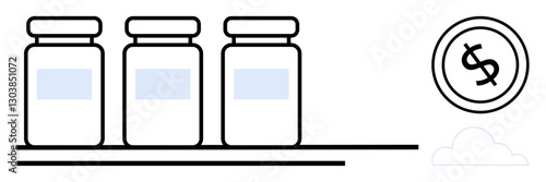 Three medicine jars aligned on a shelf alongside a dollar icon, signifying pharmaceutical costs, healthcare expenses, and budgeting. Ideal for finance, medical supply, cost management, savings, drug