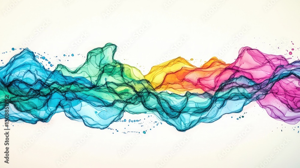 Fototapeta premium Abstract Colorful Ink Waves Fluid Art Rainbow Hues Modern Painting