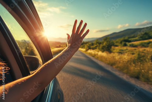 A woman's hand waves from a car window during a scenic drive at sunset or sunrise