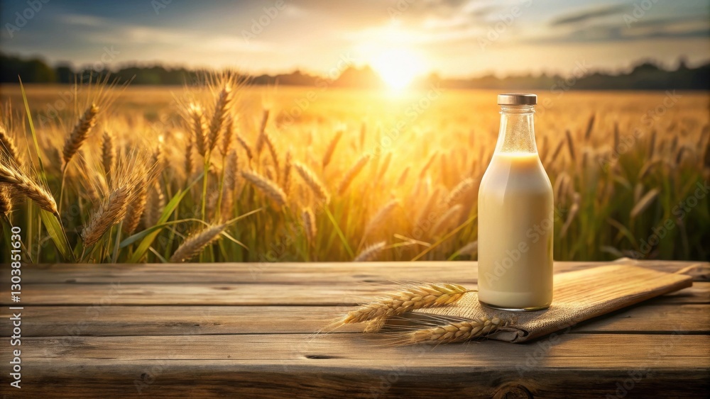 Rustic Glass Bottle of Milk in Golden Wheat Field at Sunset on Wooden Table Rustic Glass Bottle of Milk in Golden Wheat Field at Sunset on Wooden Table