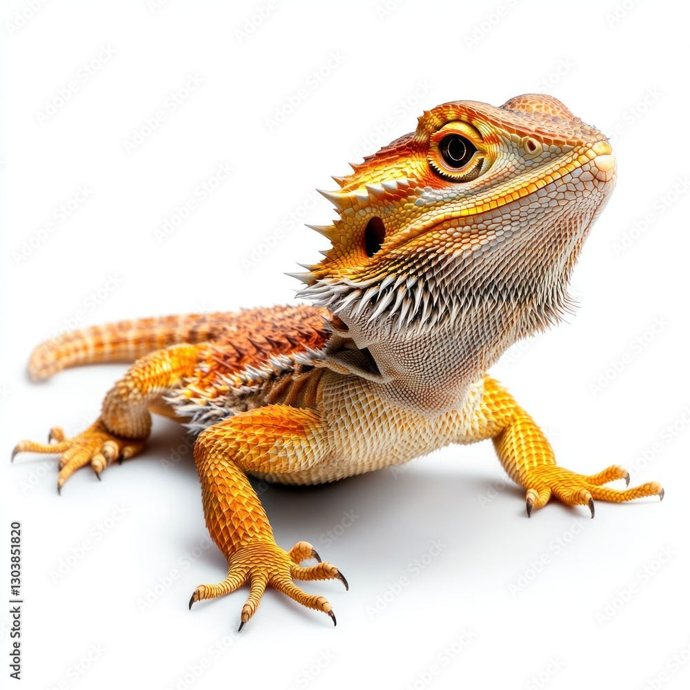 Naklejka premium High-quality isolated image of a bearded dragon basking, placed on a pure white background, perfect for reptile pet branding, emphasizing its rugged scales