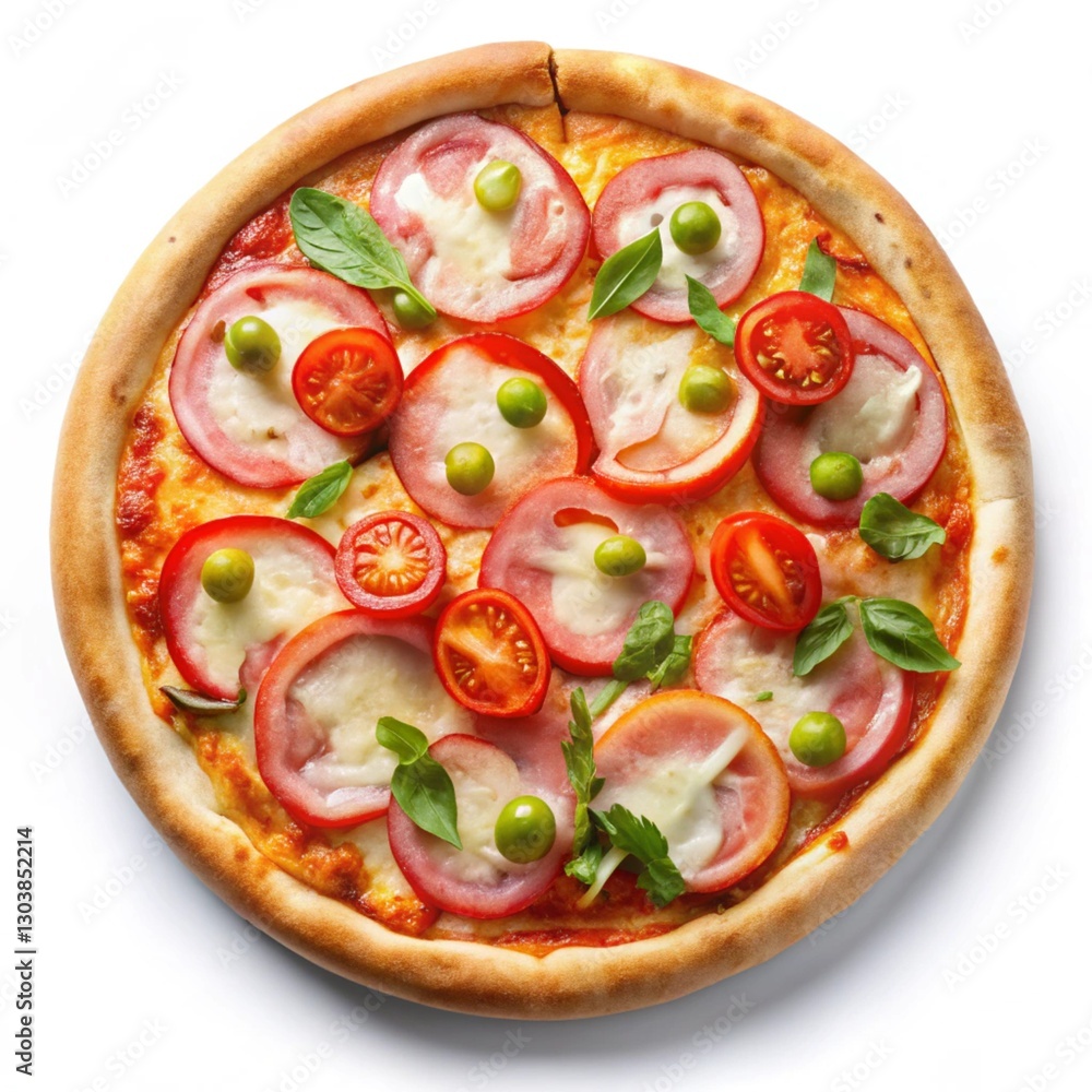 Pizza with Mozzarella cheese, Ham, Tomatoes, pepper isolated on white background. Pizza with Mozzarella cheese, Ham, Tomatoes, pepper isolated on white background.