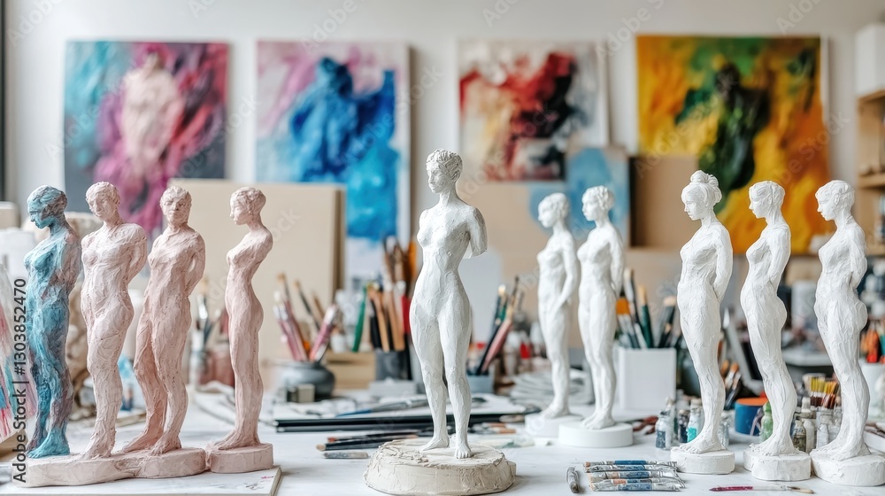 Obraz premium Elegant White Sculptures on Table Surrounded by Art Supplies