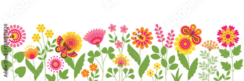 Beautiful nature background with decorative flowers of different shapes. Spring or summer bright floral banner.