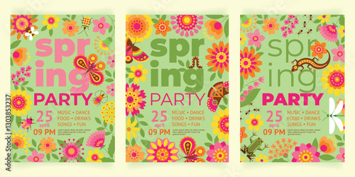 Beautiful flyer for spring party with various flowers, leaves, butterflies, insects, frog and lizard.