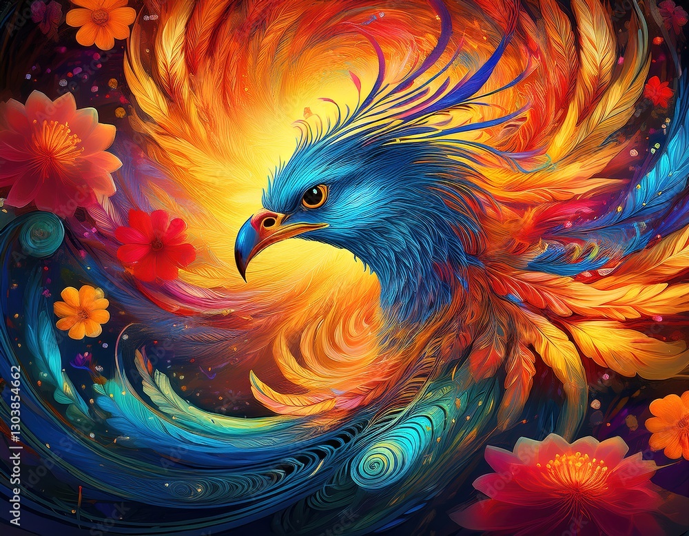 Fototapeta premium una espiral de flores y colores vibrantes y brillantes al centro se alza un fenix en todo su esplendor