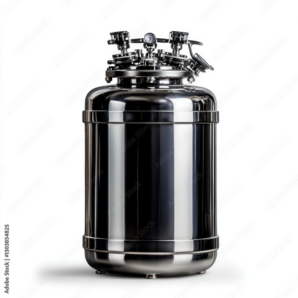 Professional image of a stainless steel industrial tank with a seamless white background, perfect for chemical and food processing branding, showcasing its hygienic design