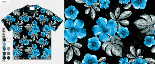 Tropical blue floral and leaf seamless pattern on a black polka dot background. Hawaiian Aloha inspired shirt mockup design, summer fashion clothing. Elegant vector art, not AI-generated.