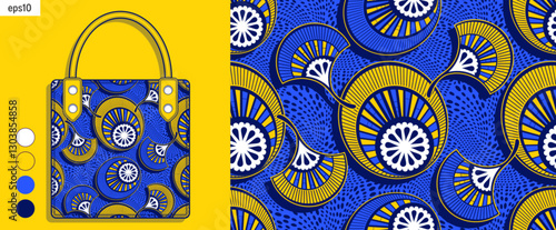 Seamless African tribal pattern, abstract circles and leaves, ideal for bag designs, traditional textile art, fashion fabrics, vector artwork design, not AI-generated.