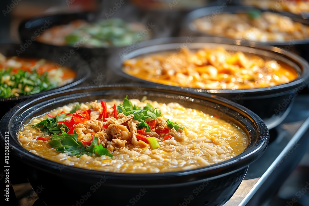 Hot Congee Bowls Topped with Chicken and Fresh Herbs Displayed Hot Congee Bowls Topped with Chicken and Fresh Herbs Displayed
