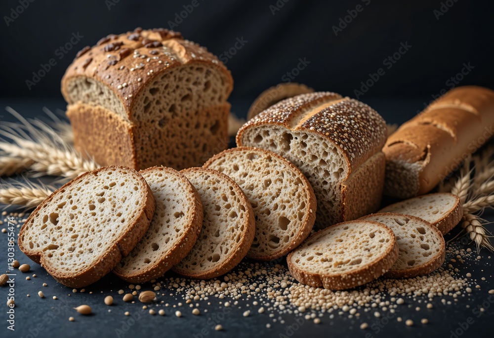 Golden Loaf, Rustic Breads A Tasty Treat With Grains, A Dark Backdrop To Help The Warm Colors Pop.. Baked Goodness. Food Photography Showcasing Textures And Artisan Baking. Golden Loaf, Rustic Breads A Tasty Treat With Grains, A Dark Backdrop To Help The Warm Colors Pop.. Baked Goodness. Food Photography Showcasing Textures And Artisan Baking.