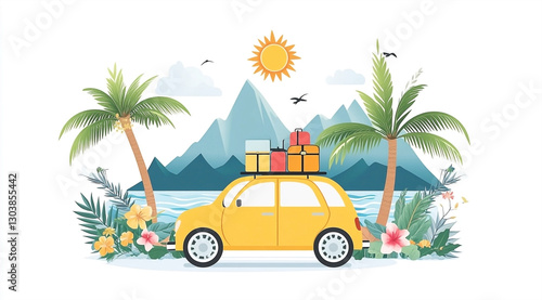 Wallpaper Mural A Yellow Car Packed with Luggage on a Tropical Road Trip Surrounded by Lush Foliage and Mountains Torontodigital.ca