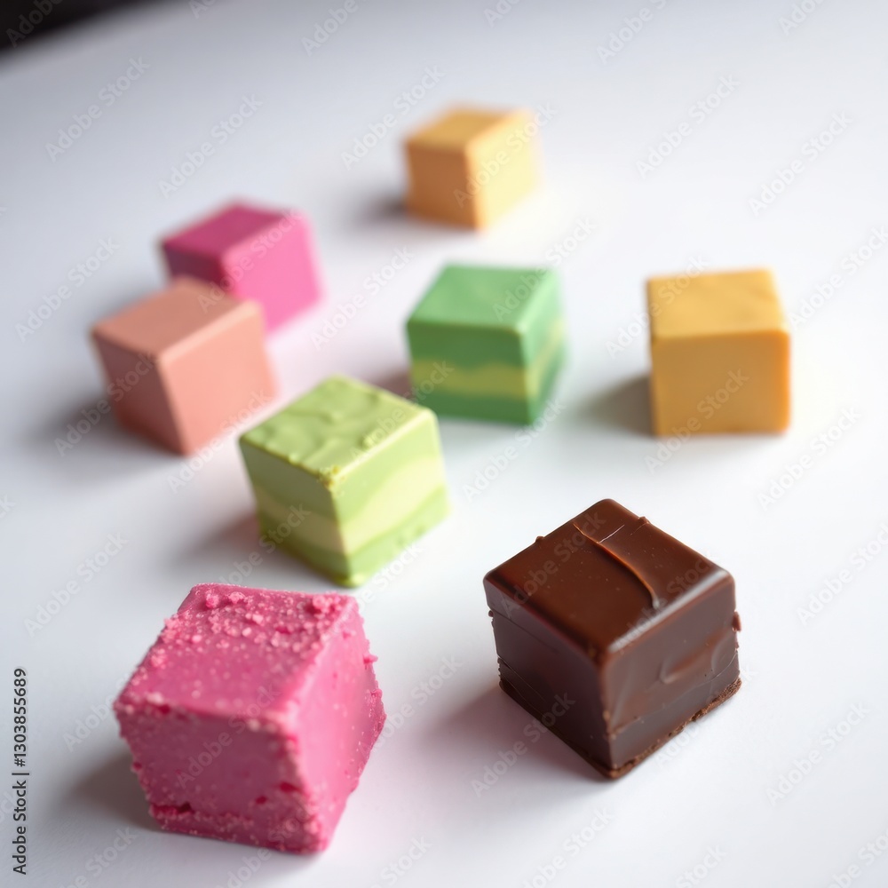 Colorful cubic sweets arranged on a white surface showcase a variety of flavors and textures. Colorful cubic sweets arranged on a white surface showcase a variety of flavors and textures.