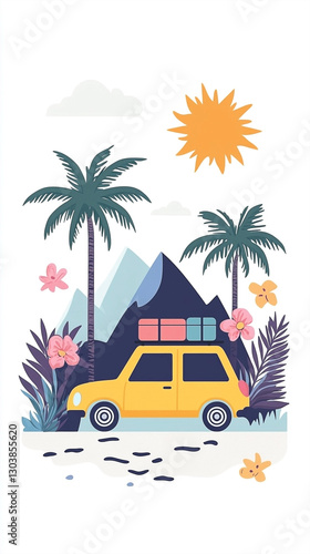 Wallpaper Mural Yellow Vehicle with Luggage on Roof in Tropical Mountain Landscape with Palms and Flowers Torontodigital.ca