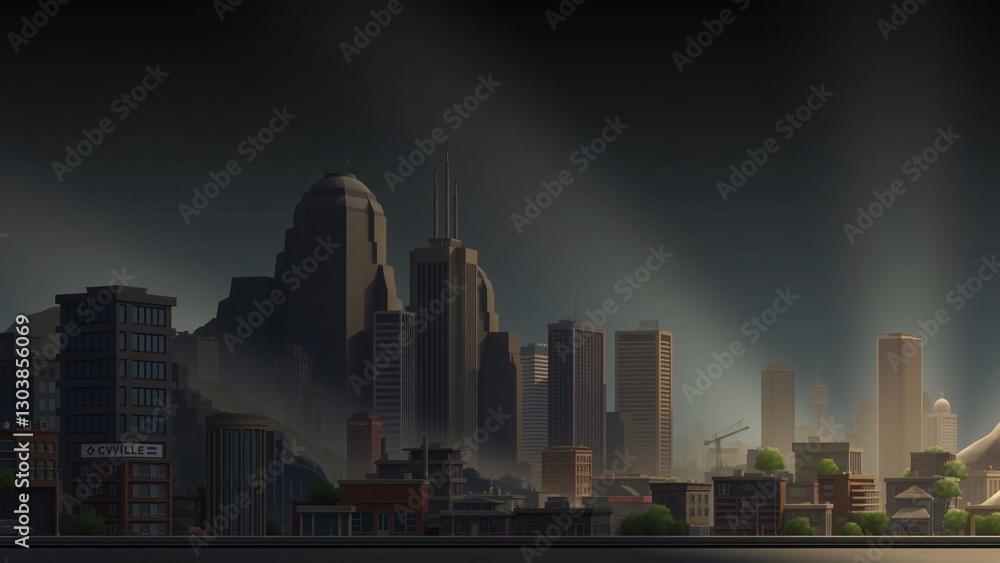 Fototapeta premium Mysterious Cityscape at Dawn Low-Poly City Illustration