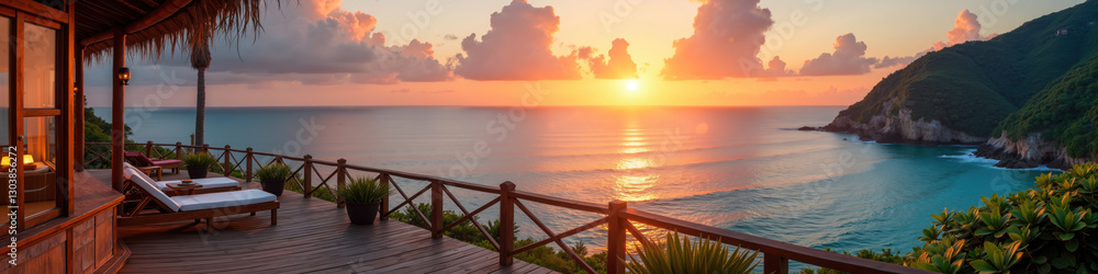 A tranquil sunset over the ocean viewed from a wooden deck with lounge chairs and a tropical atmosphere. A tranquil sunset over the ocean viewed from a wooden deck with lounge chairs and a tropical atmosphere.