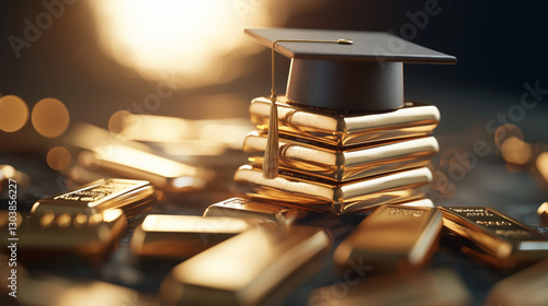 Graduation cap on gold bars symbolizing education, success, and financial investment