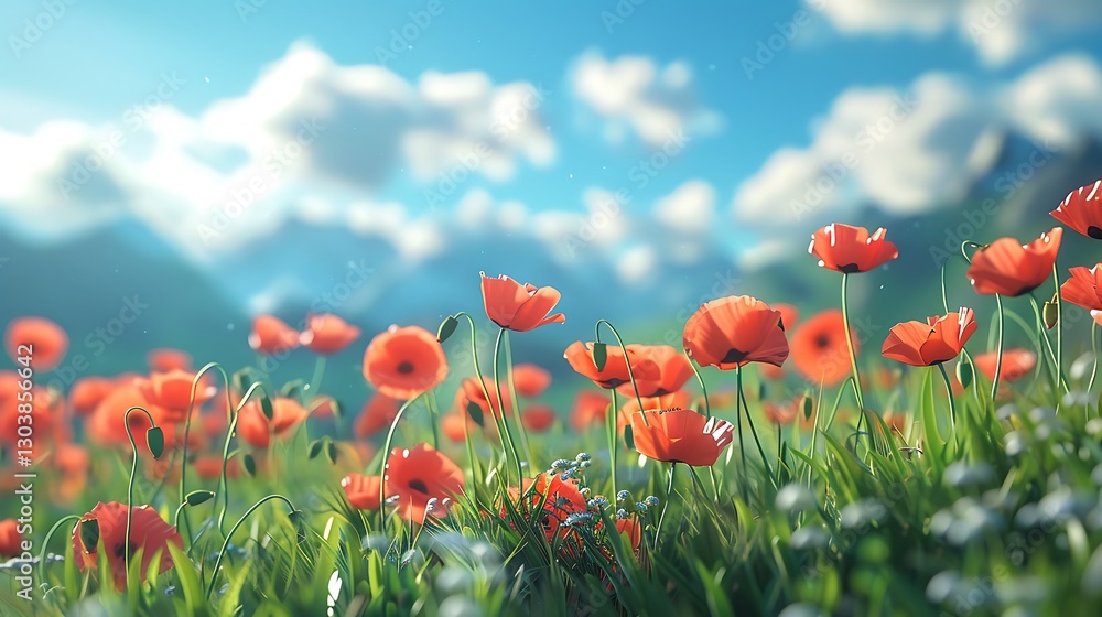 Fototapeta premium 3D poppies in a grassy landscape