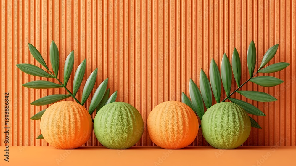 Fototapeta premium Abstract 3D Render of Textured Orange and Green Spheres with Leaves on Orange Background