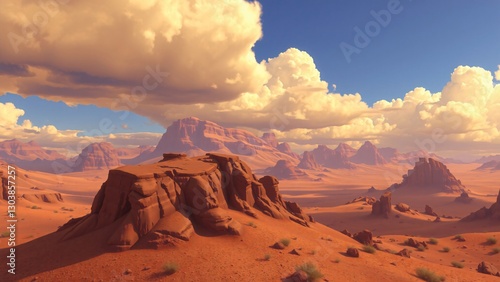 Majestic Desert Landscape at Sunset Breathtaking Panorama of Sandstone Formations and Rolling Dunes