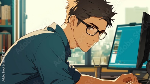 オフィスで仕事をするアニメ調の日本人男性