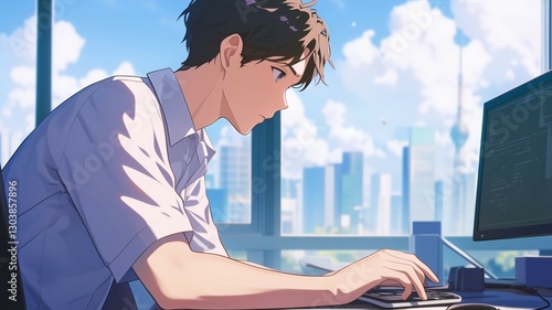 オフィスで仕事をするアニメ調の日本人男性