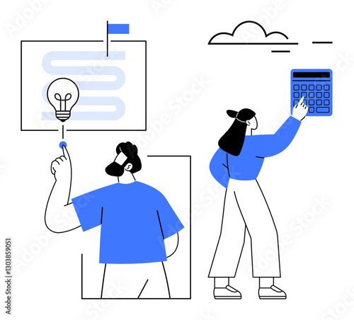 Two individuals collaborating on ideas and calculations, with visuals of a lightbulb, flowchart, calculator, and cloud. Ideal for innovation, teamwork, strategy, creativity technology learning