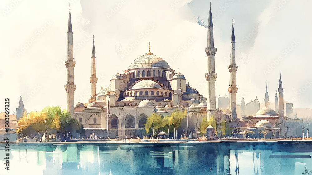Naklejka premium An awe-inspiring Islamic architectural structure, with a massive dome and towering minarets, its elegant design standing out against a simple