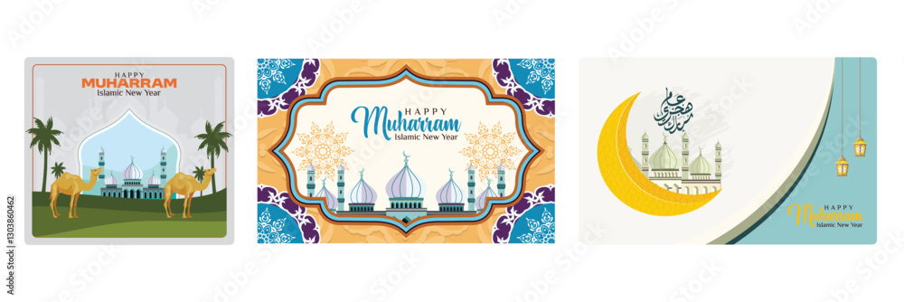 Islamic New Year greeting card designs feature camels, mosques and lanterns. Islamic New Year greeting card designs feature camels, mosques and lanterns.