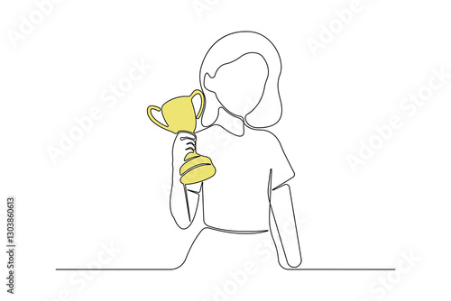 Young girl holding the trophy one-line art drawing. Vector illustration.