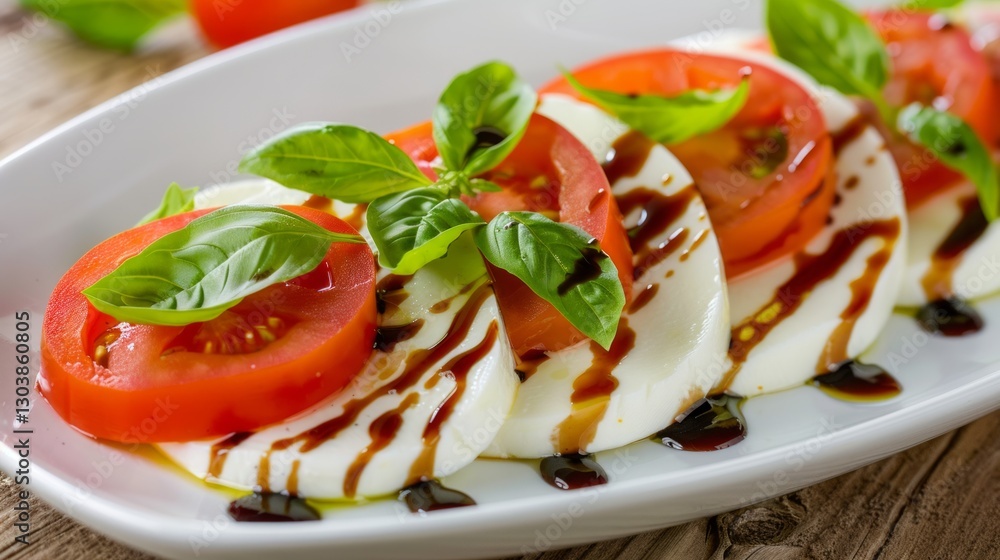 Caprese Salad Delight Fresh Tomato, Mozzarella and Basil with Balsamic Glaze Presentation Caprese Salad Delight Fresh Tomato, Mozzarella and Basil with Balsamic Glaze Presentation