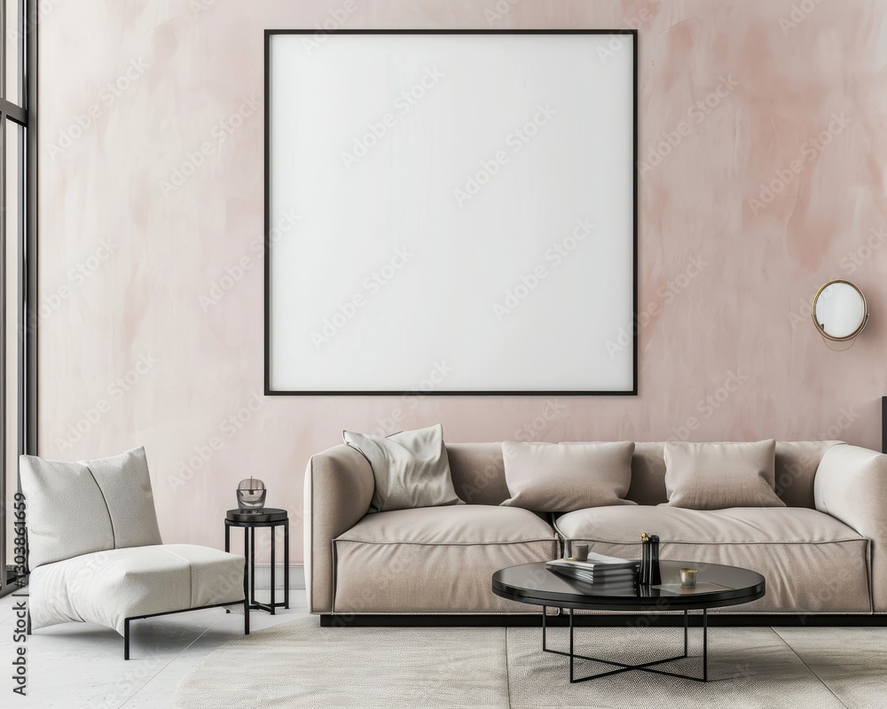 A modern living room interior with a large blank canvas. a white armchair. a beige couch. and a round coffee table with books A modern living room interior with a large blank canvas. a white armchair. a beige couch. and a round coffee table with books