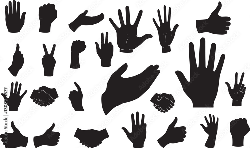 Diverse Hand Silhouette on White Background Diverse Hand Silhouette on White Background